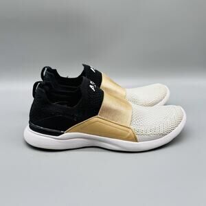 APL Shoes Womens 6 White Black Gold TechLoom Bliss Slip On Running Sneakers